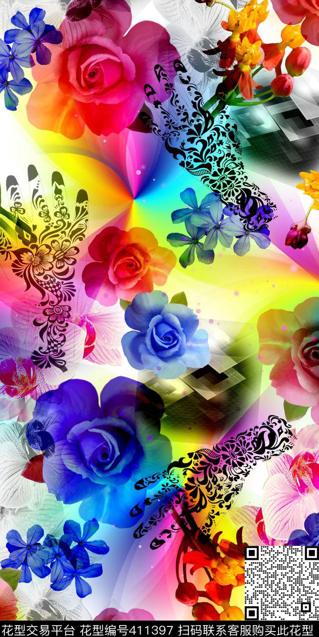 花卉玫瑰花流行时尚新潮数码画稿数码印花华亿平台下载（图片编号: 411397） - 瓦栏（Walan）