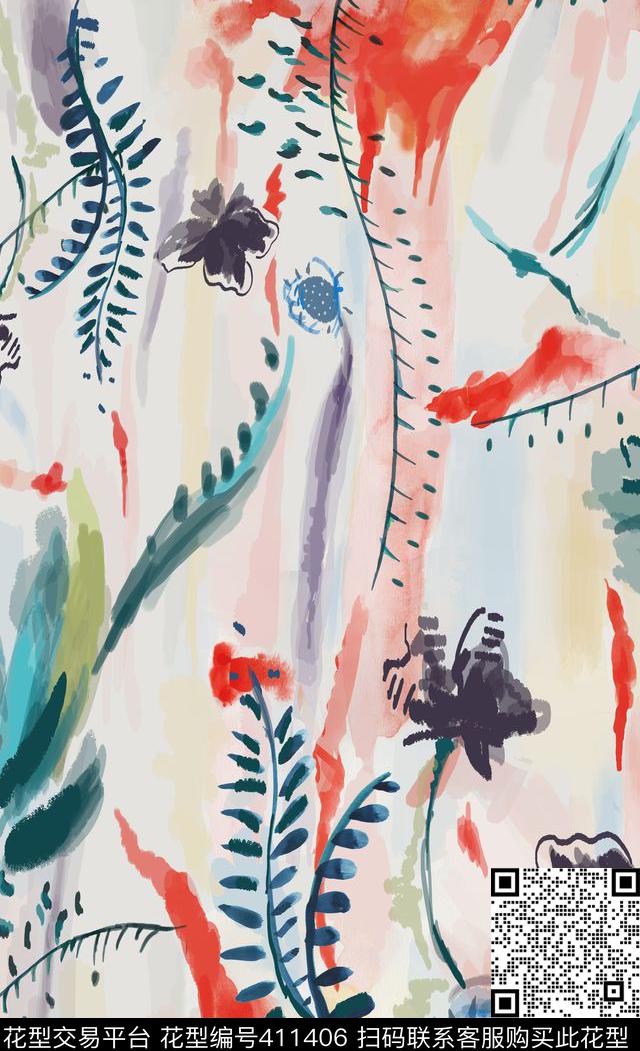 花卉水彩数码印花华亿平台下载（图片编号: 411406） - 瓦栏（Walan）