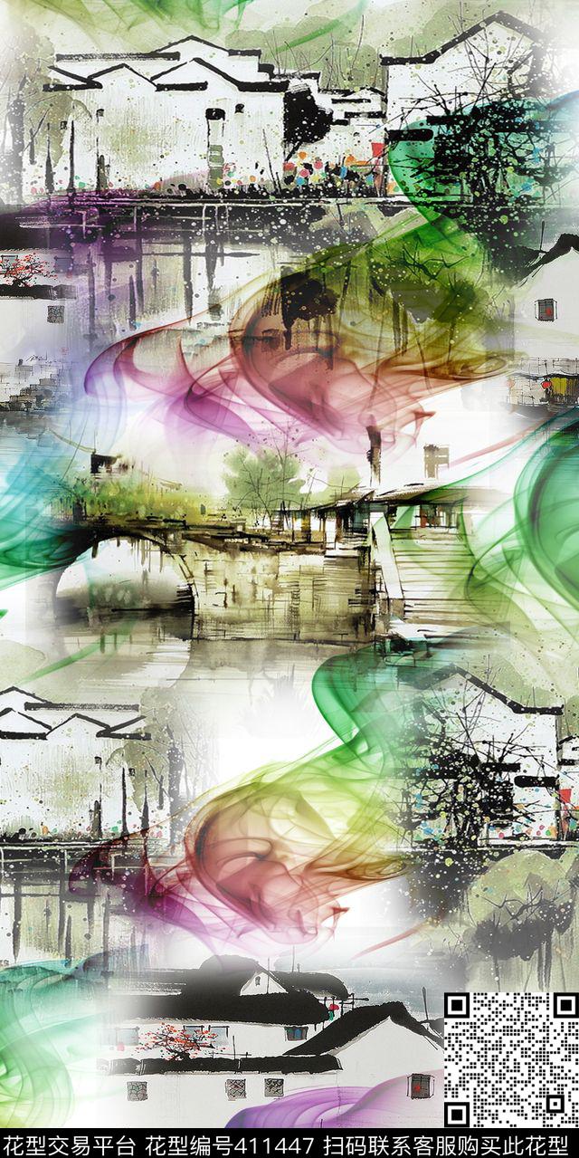 复古华亿平台江南风光流行时尚新潮丝绸真丝丝巾画稿数码印花华亿平台下载（图片编号: 411447） - 瓦栏（Walan）