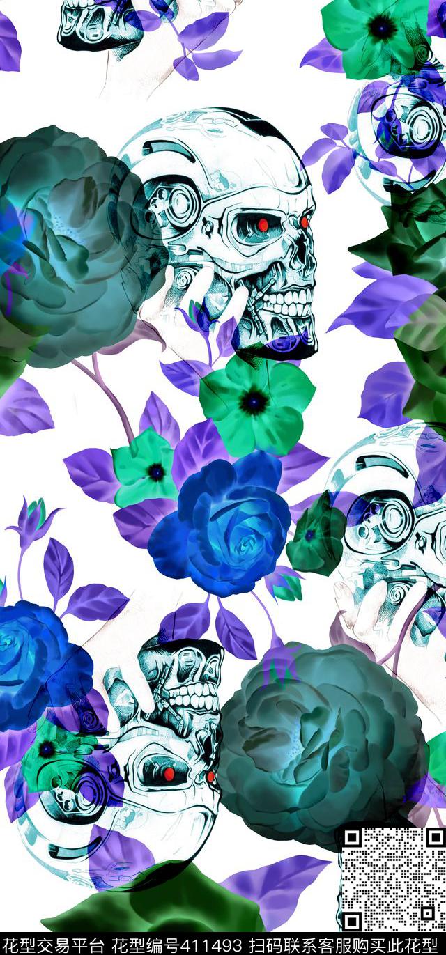 花卉骷髅植物花卉数码印花华亿平台下载（图片编号: 411493） - 瓦栏（Walan）