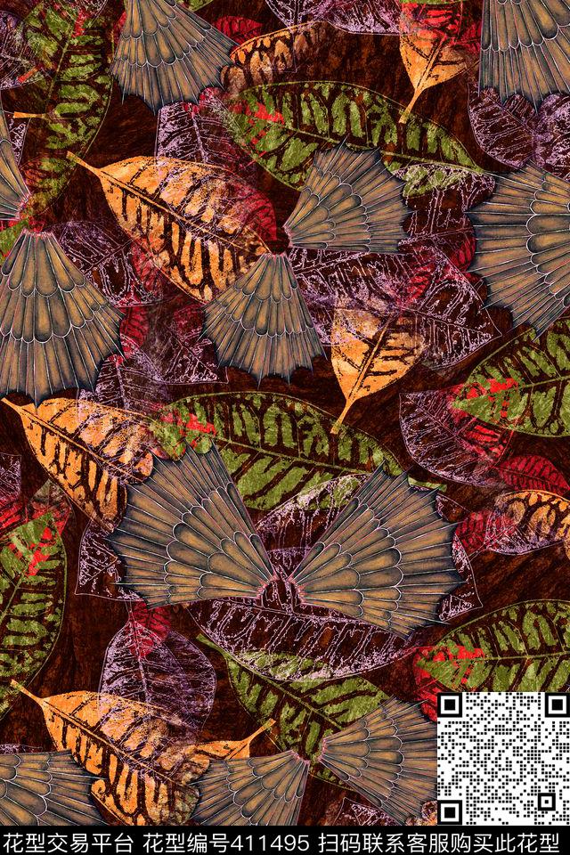 抽象树叶底纹复古数码印花华亿平台下载（图片编号: 411495） - 瓦栏（Walan）