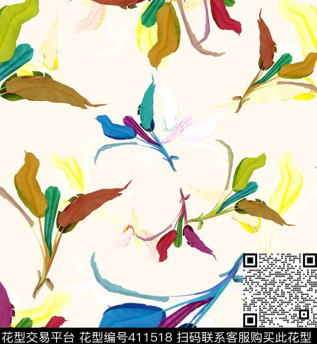 棕榈叶手绘花休闲个性数码印花华亿平台下载（图片编号: 411518） - 瓦栏（Walan）