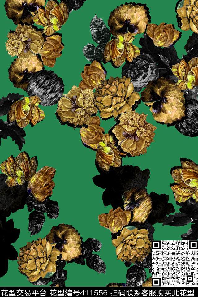 复古花卉油画连衣裙夏装数码印花华亿平台下载（图片编号: 411556） - 瓦栏（Walan）