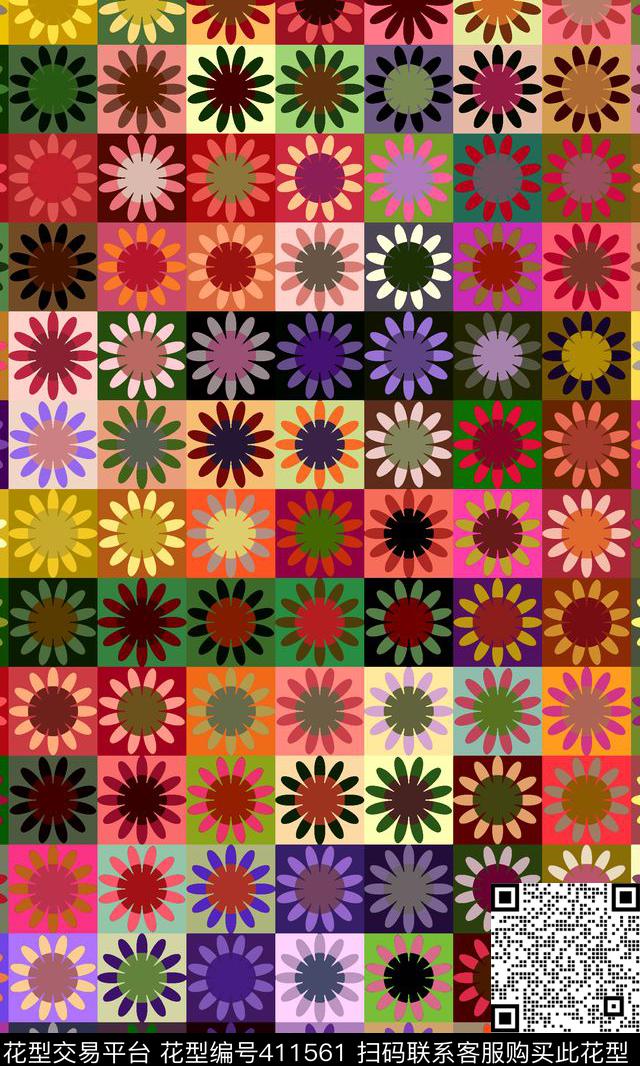 雏菊格子几何传统印花华亿平台下载（图片编号: 411561） - 瓦栏（Walan）