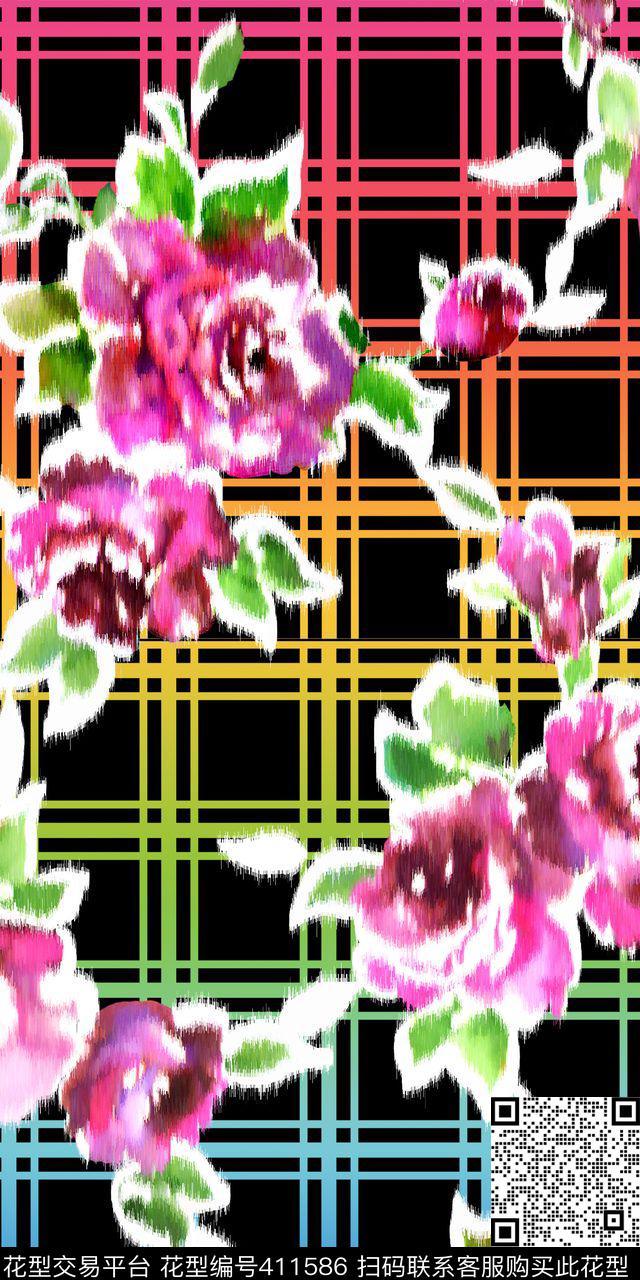 数码印花格子花卉特效花卉数码印花华亿平台下载（图片编号: 411586） - 瓦栏（Walan）