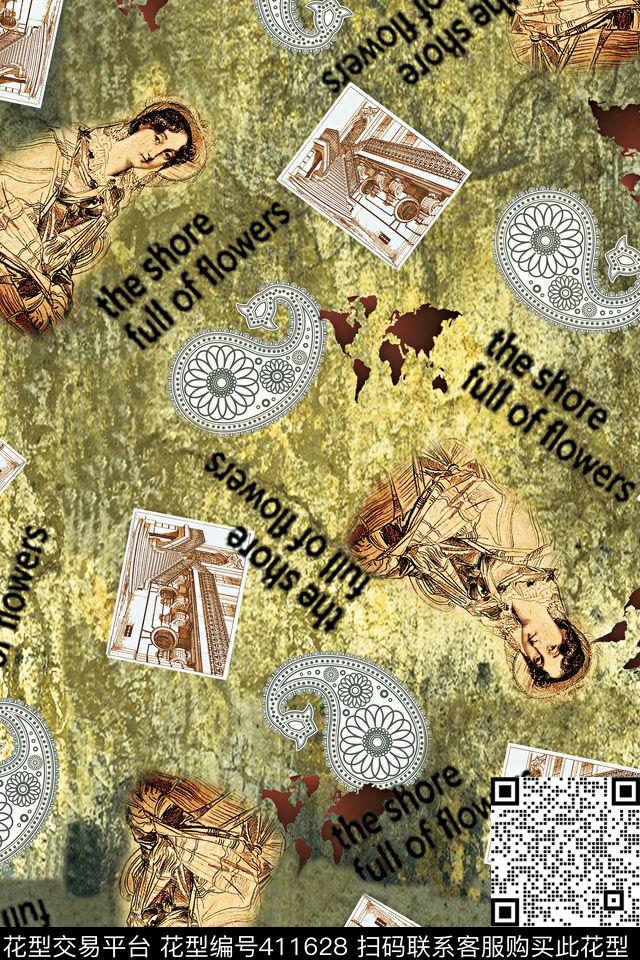 抽象古建筑花卉数码印花华亿平台下载（图片编号: 411628） - 瓦栏（Walan）