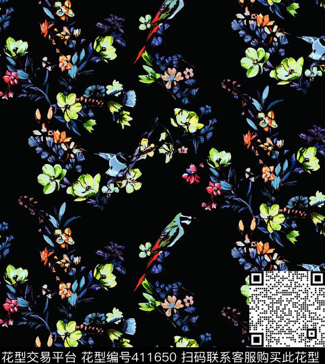 花卉小鸟优雅清新传统印花华亿平台下载（图片编号: 411650） - 瓦栏（Walan）
