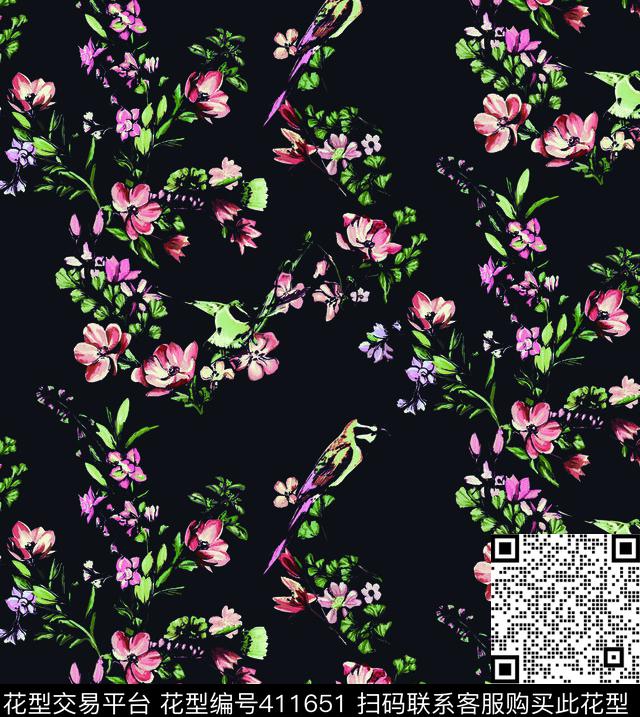 优雅清新小鸟花卉数码印花华亿平台下载（图片编号: 411651） - 瓦栏（Walan）