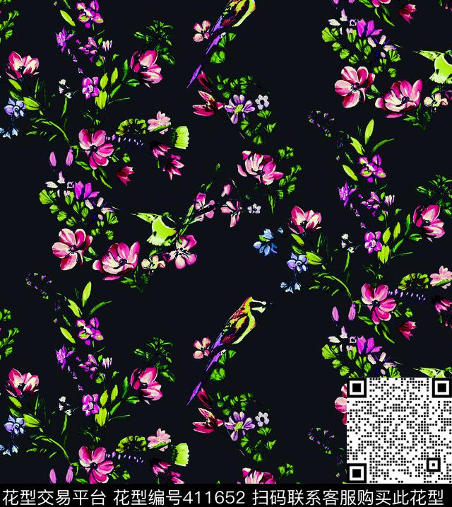 优雅清新小鸟花卉数码印花华亿平台下载（图片编号: 411652） - 瓦栏（Walan）