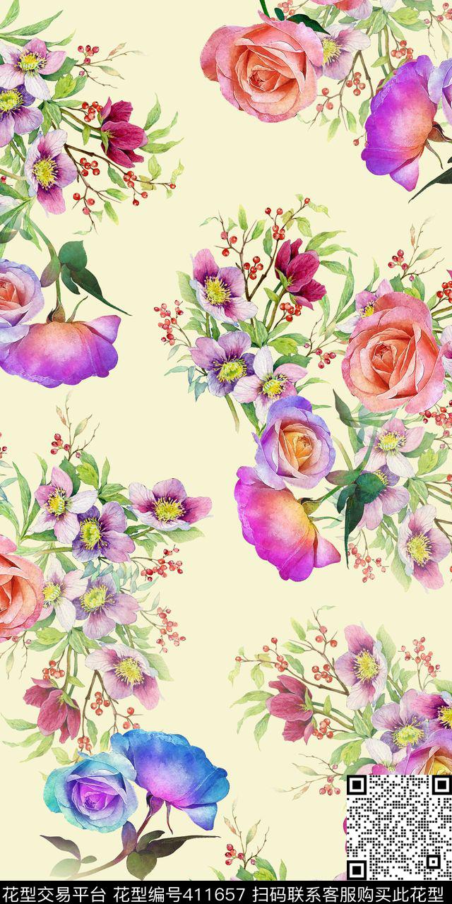 清爽小清新炫丽花卉手绘数码印花华亿平台下载（图片编号: 411657） - 瓦栏（Walan）