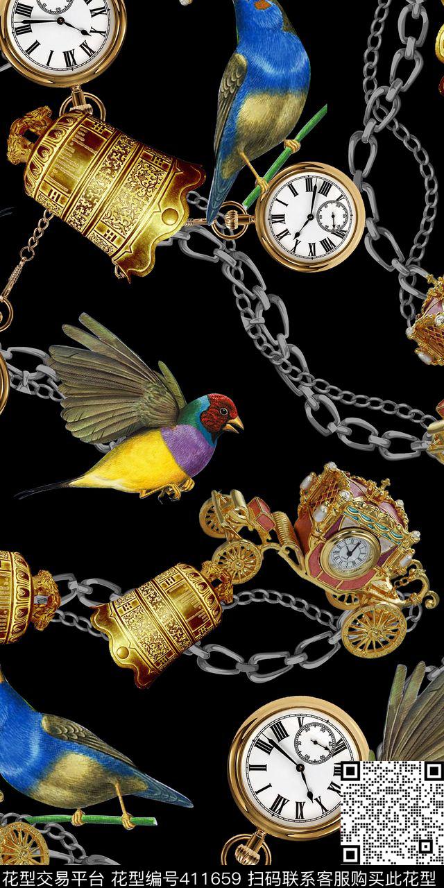大气黑底金属链条花鸟数码印花华亿平台下载（图片编号: 411659） - 瓦栏（Walan）