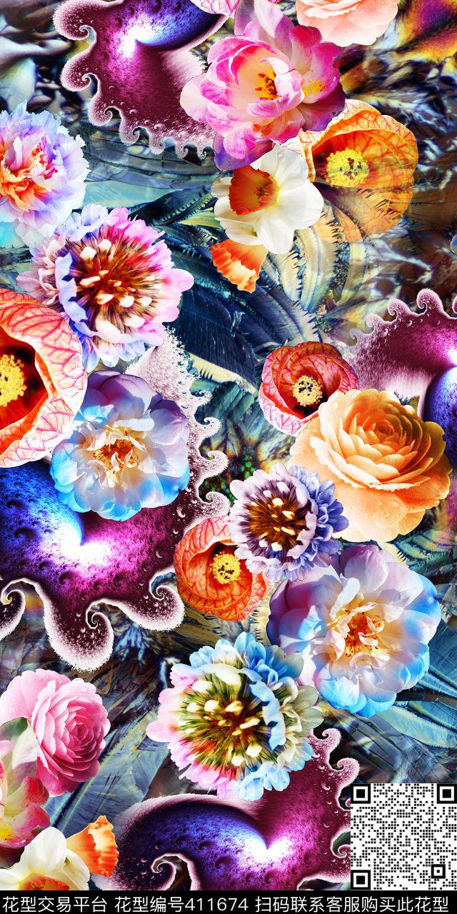 时尚数码流行花卉艺彩——绚丽数码风数码印花华亿平台下载（图片编号: 411674） - 瓦栏（Walan）