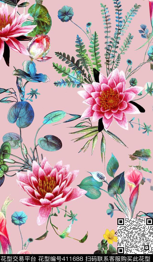 素雅睡莲水草数码印花华亿平台下载（图片编号: 411688） - 瓦栏（Walan）