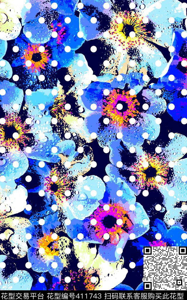 版画波点花卉数码印花华亿平台下载（图片编号: 411743） - 瓦栏（Walan）