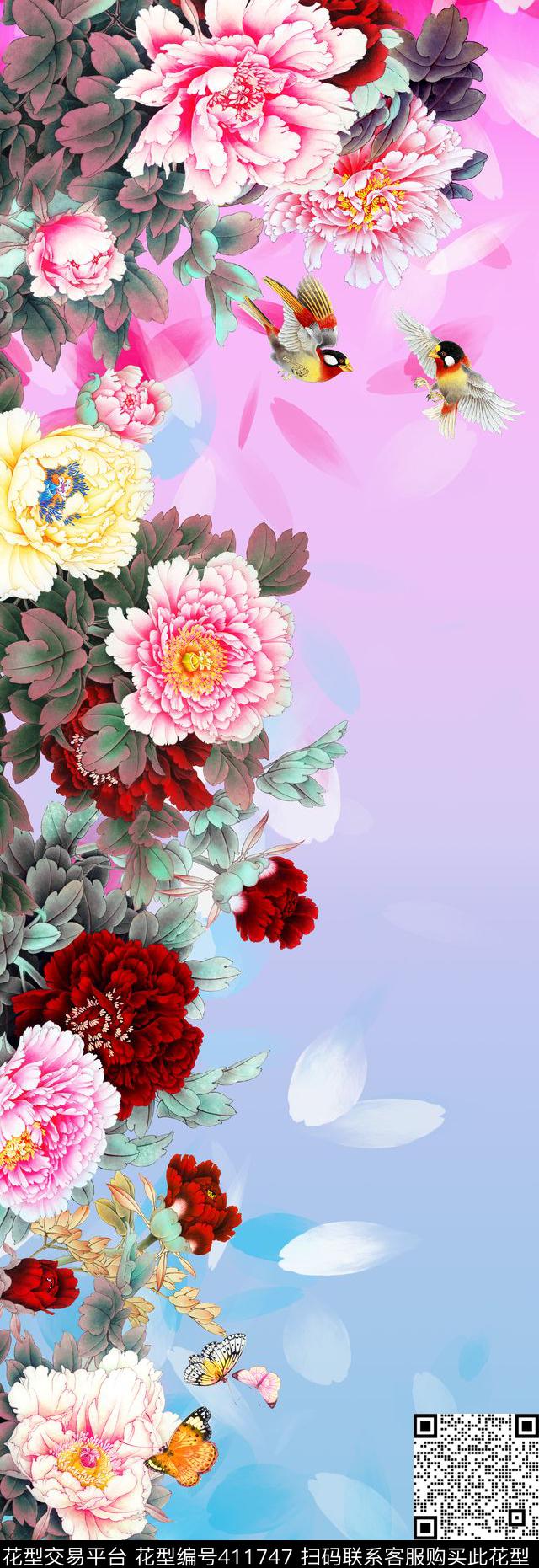 中国风牡丹花花卉数码印花华亿平台下载（图片编号: 411747） - 瓦栏（Walan）