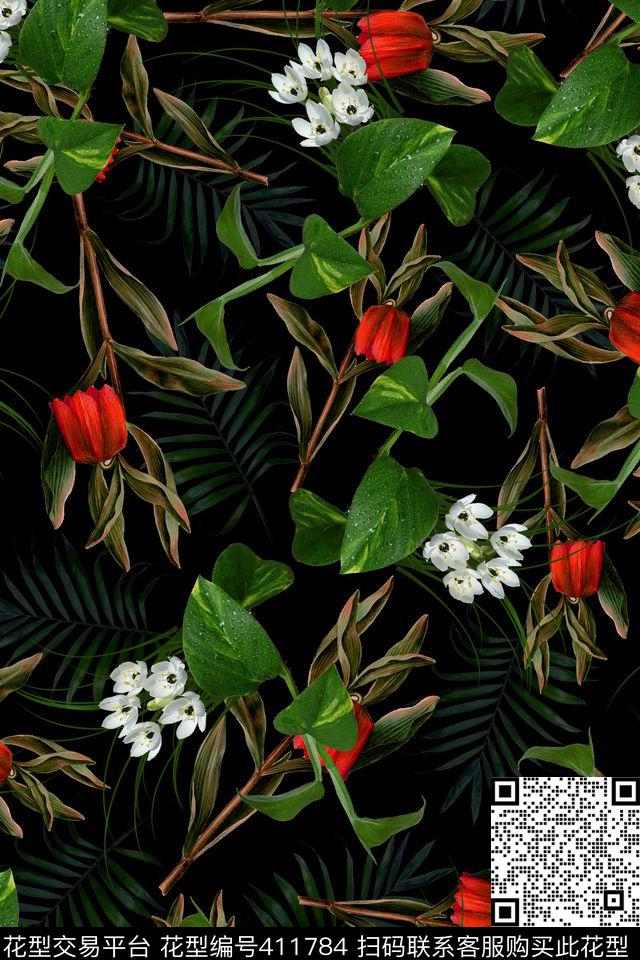 手绘花卉树叶热带风情数码印花华亿平台下载（图片编号: 411784） - 瓦栏（Walan）