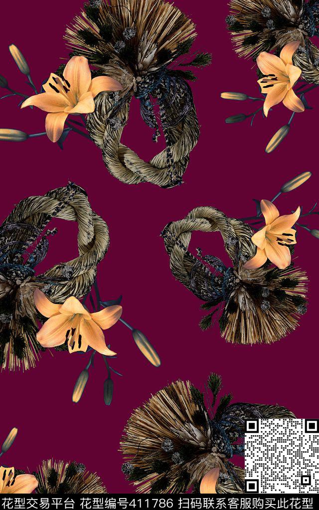 花卉绳子数码印花花卉数码印花华亿平台下载（图片编号: 411786） - 瓦栏（Walan）