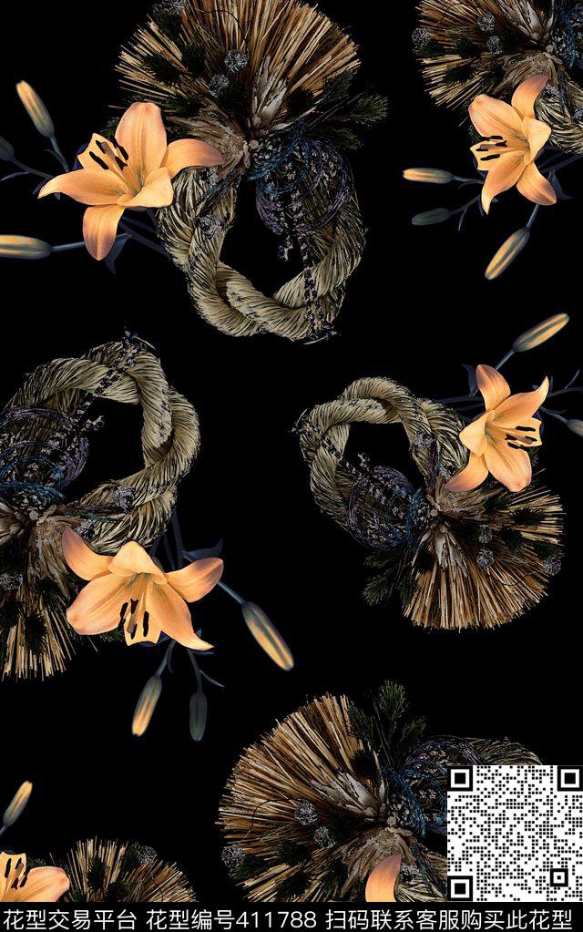 数码印花花卉绳子花卉数码印花华亿平台下载（图片编号: 411788） - 瓦栏（Walan）