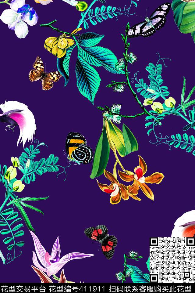 时尚花卉鸟数码印花华亿平台下载（图片编号: 411911） - 瓦栏（Walan）