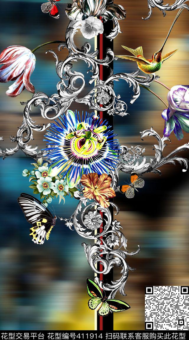 时尚卷草花数码印花华亿平台下载（图片编号: 411914） - 瓦栏（Walan）