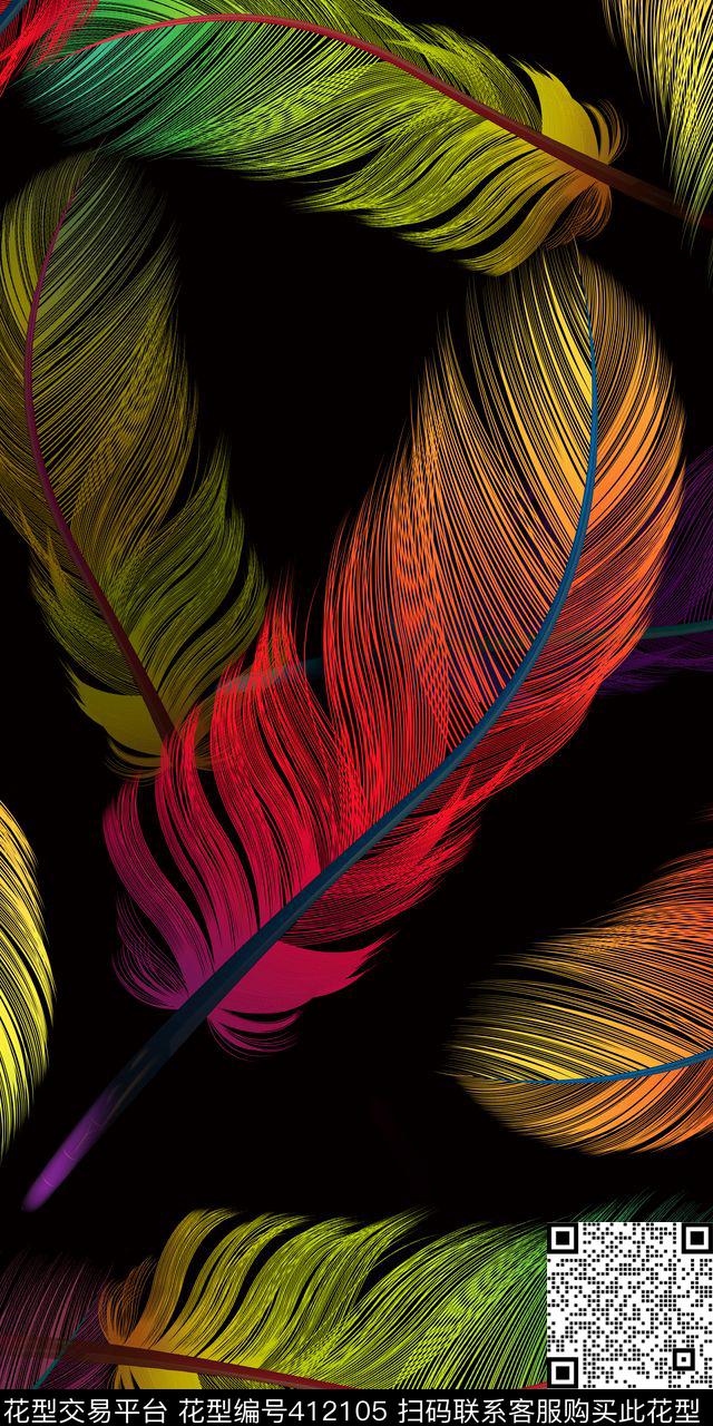 绚丽时尚五彩羽毛缤纷数码印花华亿平台下载（图片编号: 412105） - 瓦栏（Walan）