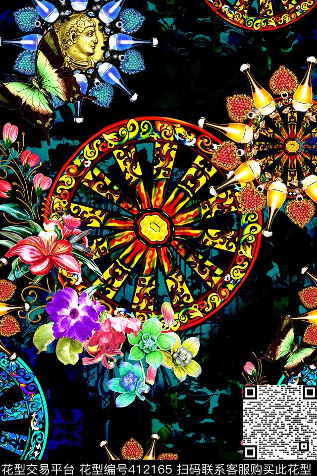 时尚花卉车轮数码印花华亿平台下载（图片编号: 412165） - 瓦栏（Walan）