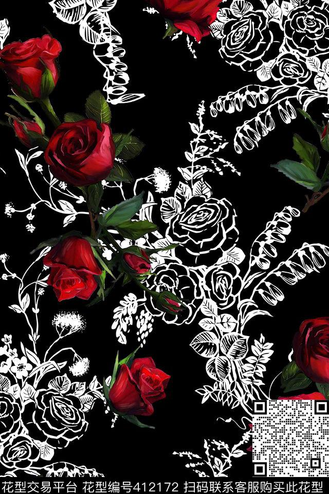 杜嘉班纳走秀红玫瑰花白色底纹花数码印花华亿平台下载（图片编号: 412172） - 瓦栏（Walan）