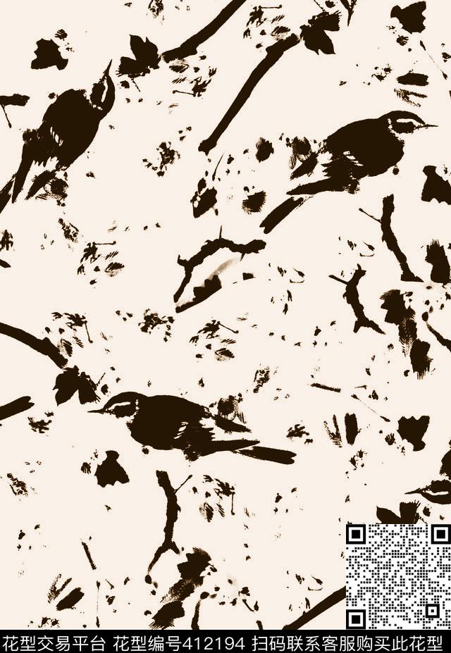 黑鸟鸟类花纹传统印花华亿平台下载（图片编号: 412194） - 瓦栏（Walan）
