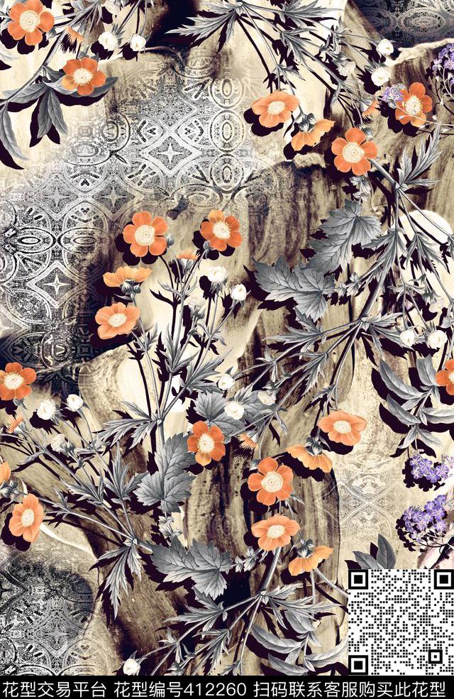 复古花卉数码印花华亿平台下载（图片编号: 412260） - 瓦栏（Walan）