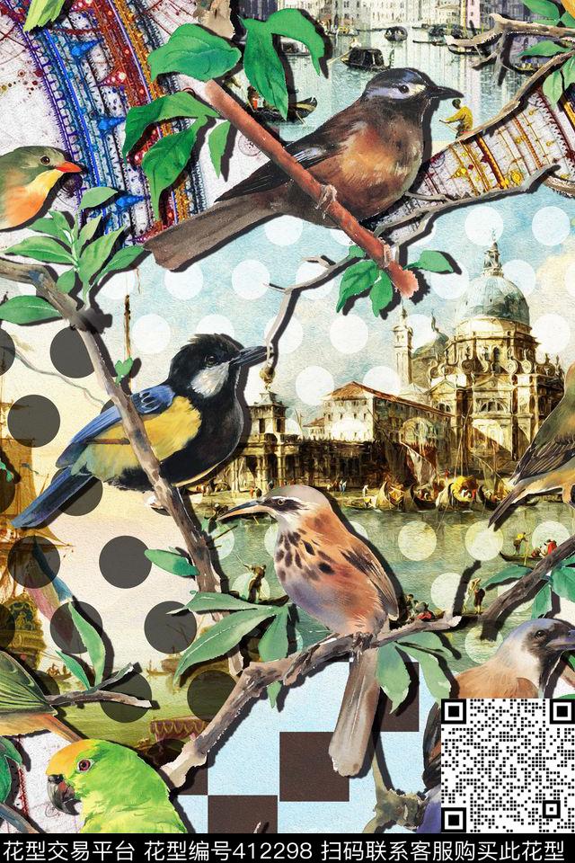 水彩花卉组合树枝鸟数码印花华亿平台下载（图片编号: 412298） - 瓦栏（Walan）