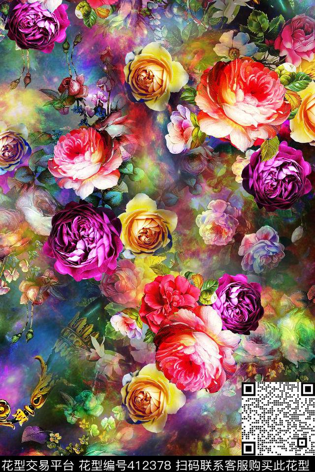 数码玫瑰花卉数码印花华亿平台下载（图片编号: 412378） - 瓦栏（Walan）