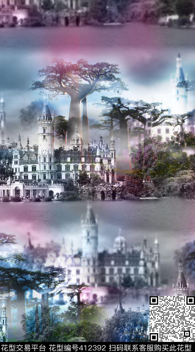 风景树木建筑数码印花华亿平台下载（图片编号: 412392） - 瓦栏（Walan）