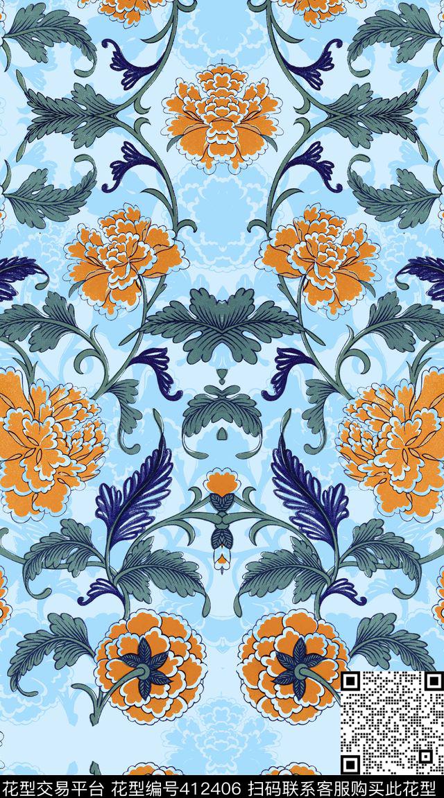 对称中国风元素传统印花华亿平台下载（图片编号: 412406） - 瓦栏（Walan）