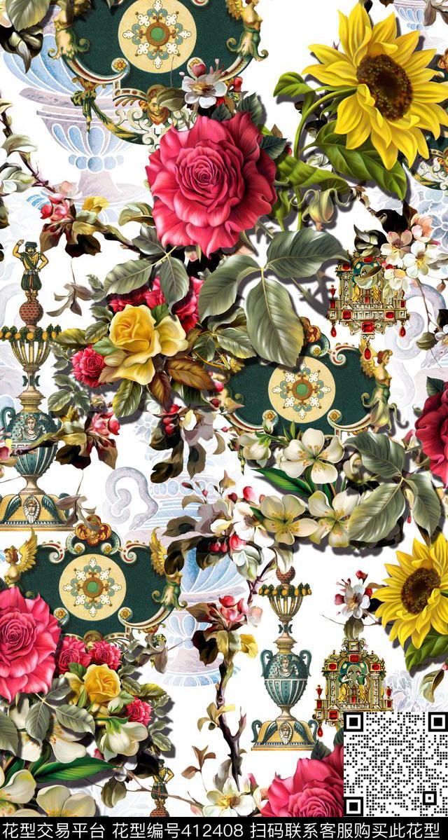 欧式玫瑰花卉数码印花华亿平台下载（图片编号: 412408） - 瓦栏（Walan）
