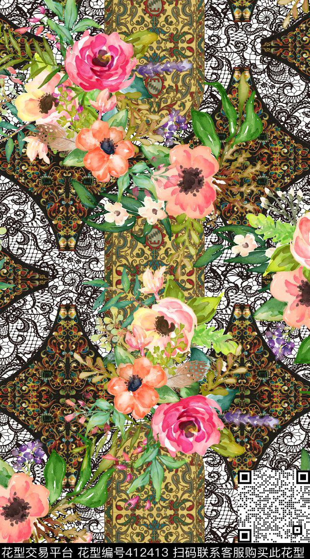 蕾丝底纹服装数码印花华亿平台下载（图片编号: 412413） - 瓦栏（Walan）