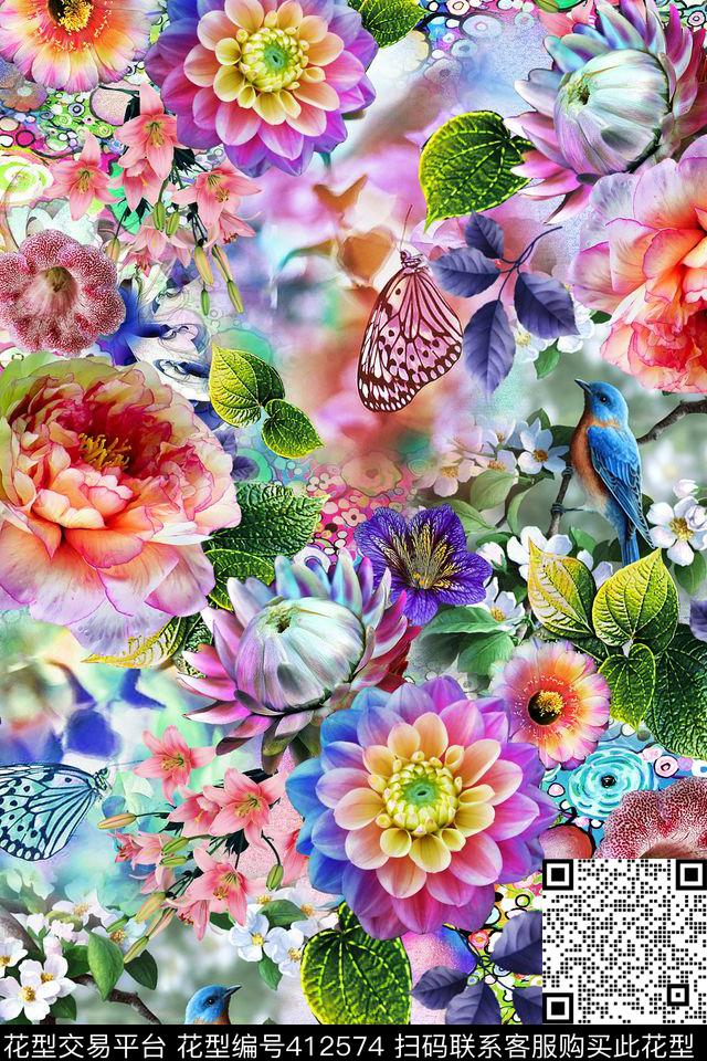 绚丽抽象花鸟数码印花华亿平台下载（图片编号: 412574） - 瓦栏（Walan）