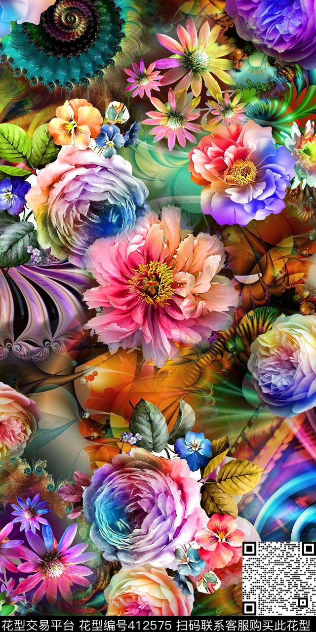 绚丽多彩抽象数码花卉数码印花华亿平台下载（图片编号: 412575） - 瓦栏（Walan）