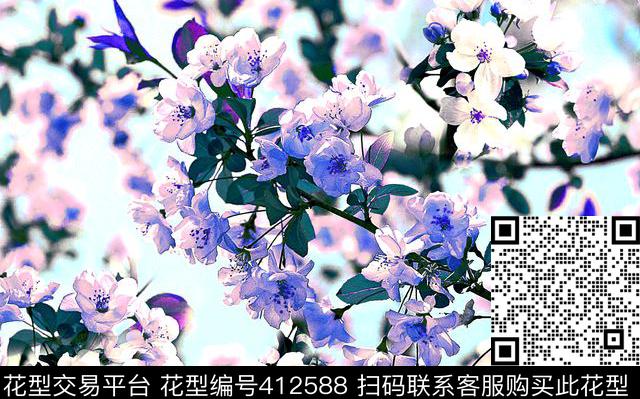 海棠花卉蓝色数码印花华亿平台下载（图片编号: 412588） - 瓦栏（Walan）