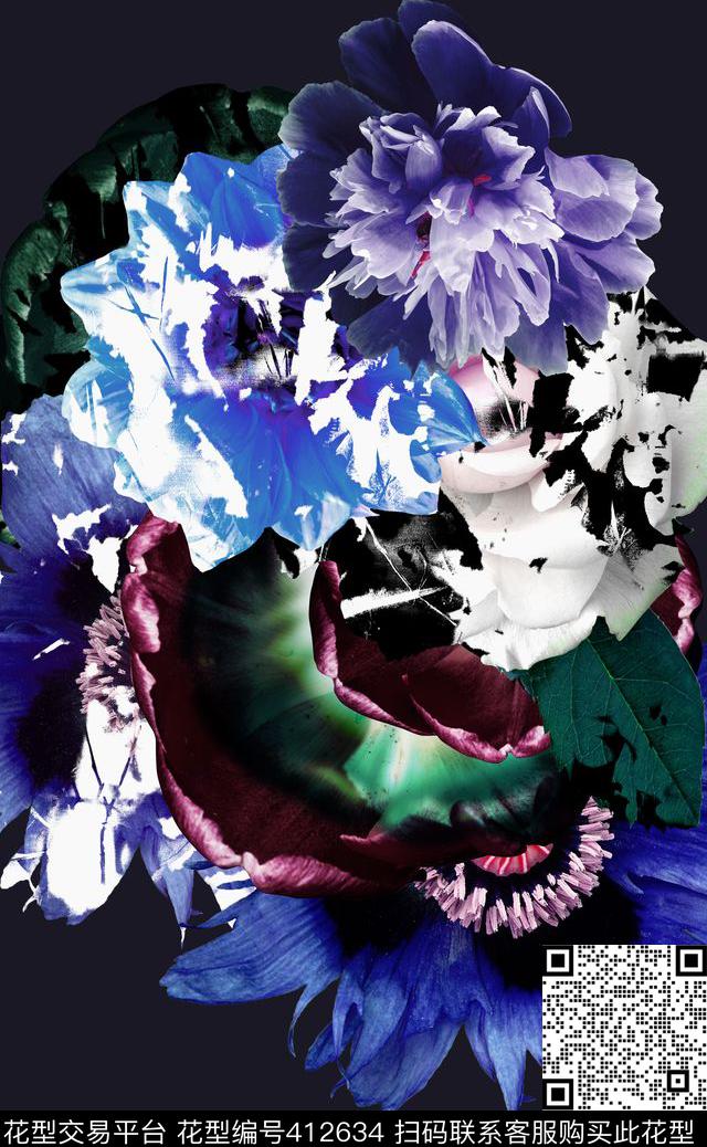 大花时尚定位鲜花斑驳肌理数码印花华亿平台下载（图片编号: 412634） - 瓦栏（Walan）