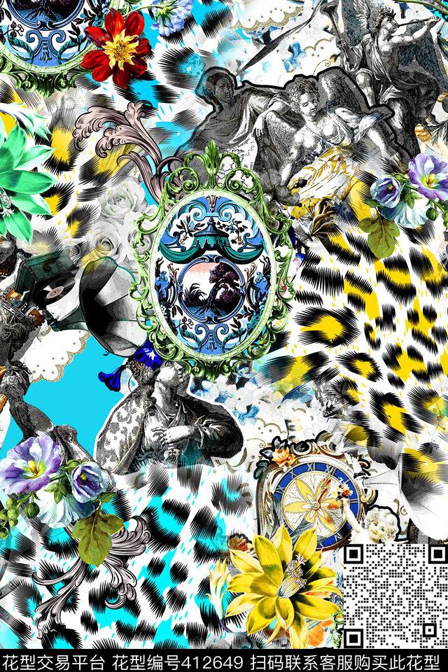 时尚豹纹花卉数码印花华亿平台下载（图片编号: 412649） - 瓦栏（Walan）