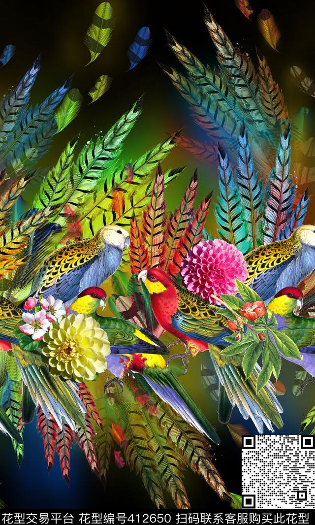 热带风羽毛鹦鹉数码印花华亿平台下载（图片编号: 412650） - 瓦栏（Walan）