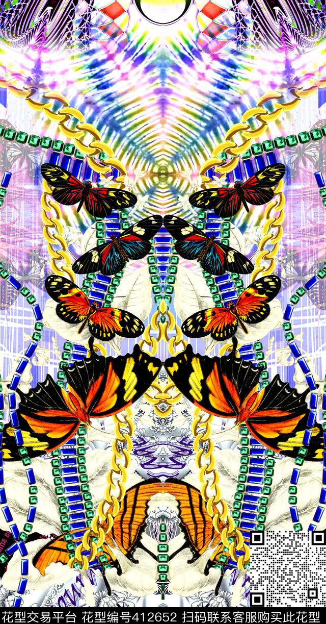 时尚金属链条蝴蝶数码印花华亿平台下载（图片编号: 412652） - 瓦栏（Walan）