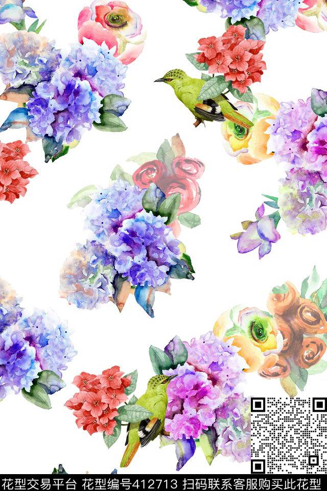 手绘花鸟水彩画田园清新风格数码印花华亿平台下载（图片编号: 412713） - 瓦栏（Walan）