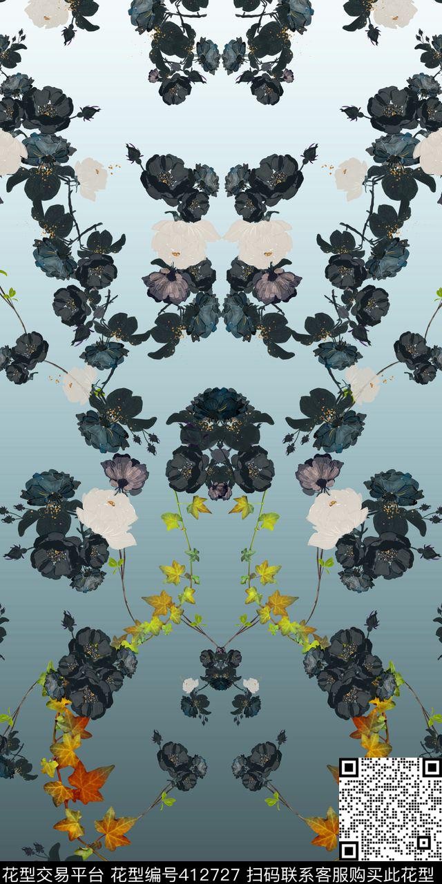 黑色花卉藤蔓数码印花华亿平台下载（图片编号: 412727） - 瓦栏（Walan）