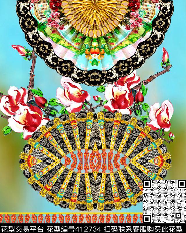 花卉欧式宫廷风扇子数码印花华亿平台下载（图片编号: 412734） - 瓦栏（Walan）