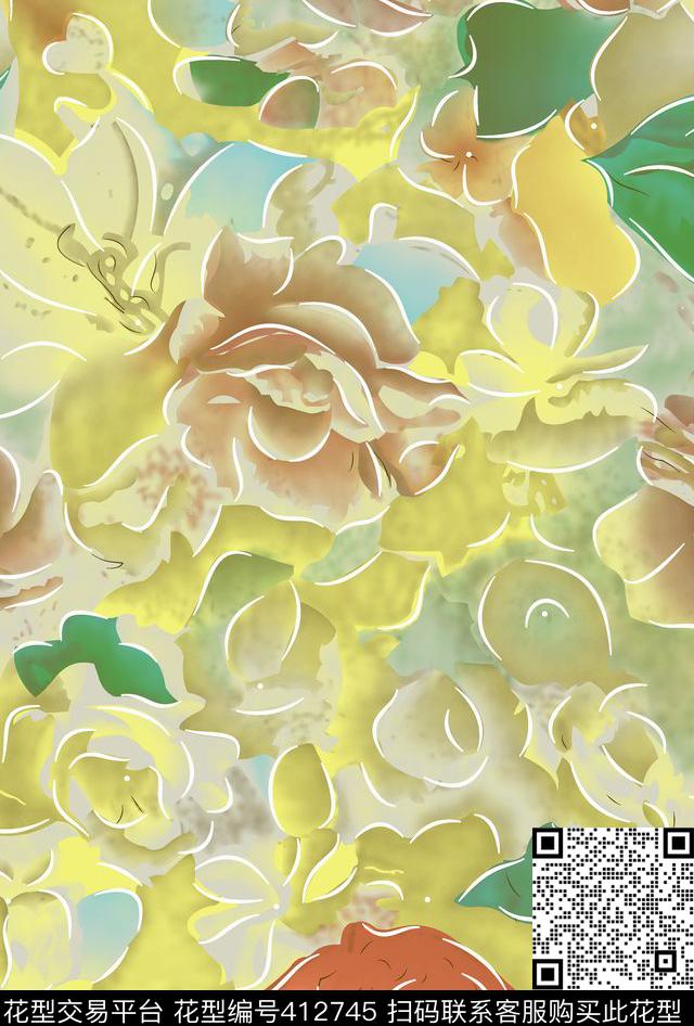 抽象花卉传统印花华亿平台下载（图片编号: 412745） - 瓦栏（Walan）