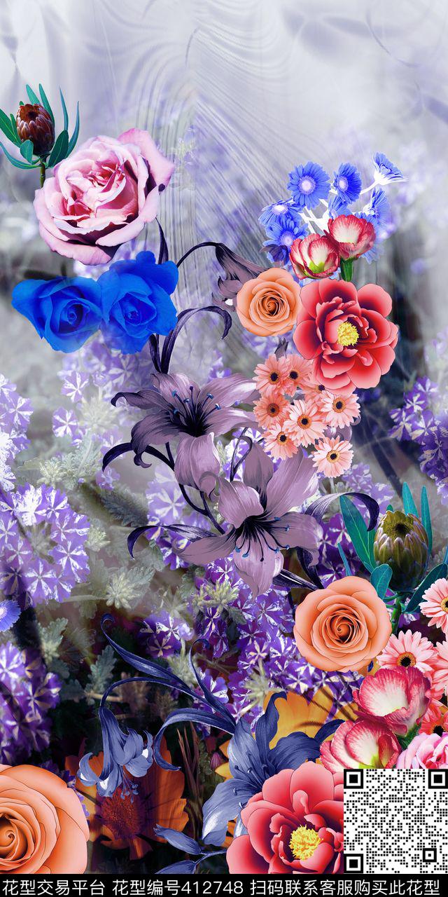 抽象花卉数码印花华亿平台下载（图片编号: 412748） - 瓦栏（Walan）