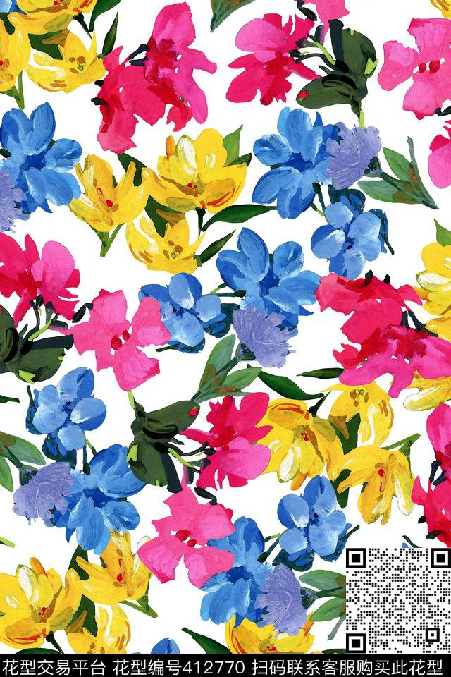 手绘花油画肌理感春夏裙子数码印花华亿平台下载（图片编号: 412770） - 瓦栏（Walan）
