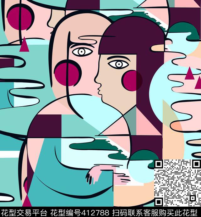 抽像卡通丝巾印花色块女人头像传统印花华亿平台下载（图片编号: 412788） - 瓦栏（Walan）
