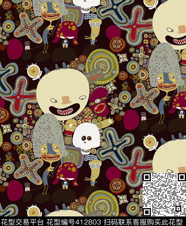 人物涂鸦传统印花华亿平台下载（图片编号: 412803） - 瓦栏（Walan）